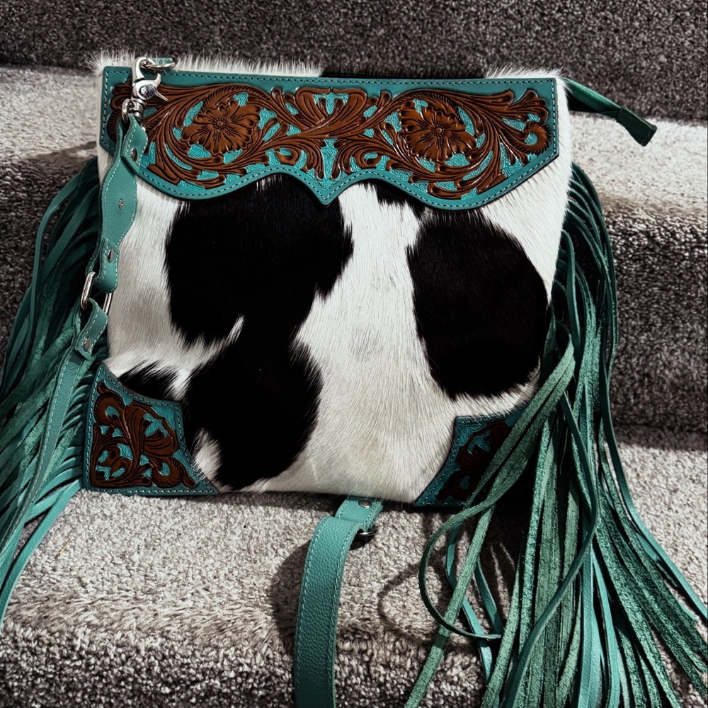 Teal and Black Leather Fringe Bag